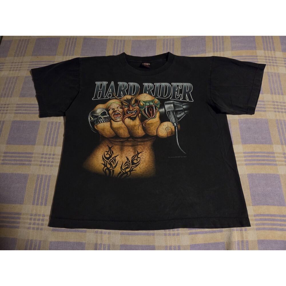 Vintage 90s Hard Rider Faded Single Stitch Rock Eagle Motorcycle Biker Flames